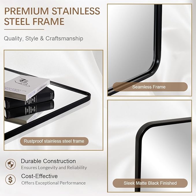 ANDY STAR Black Bathroom Mirrors for Wall, 22X30 Inch Rounded Rectangle Mirror, Matte Black Bathroom Vanity Mirror, Tube Metal Framed Wall-Mounted Mirror Horizontally or Vertically