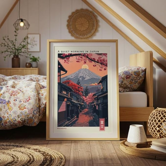 Mount Fuji Poster, Japanese Wall Art Print with Cherry Blossoms, Vintage Travel Landscape Artwork, Japandi Asian Home Decor for Living Room, Bedroom or Office (Unframed) (9x11)