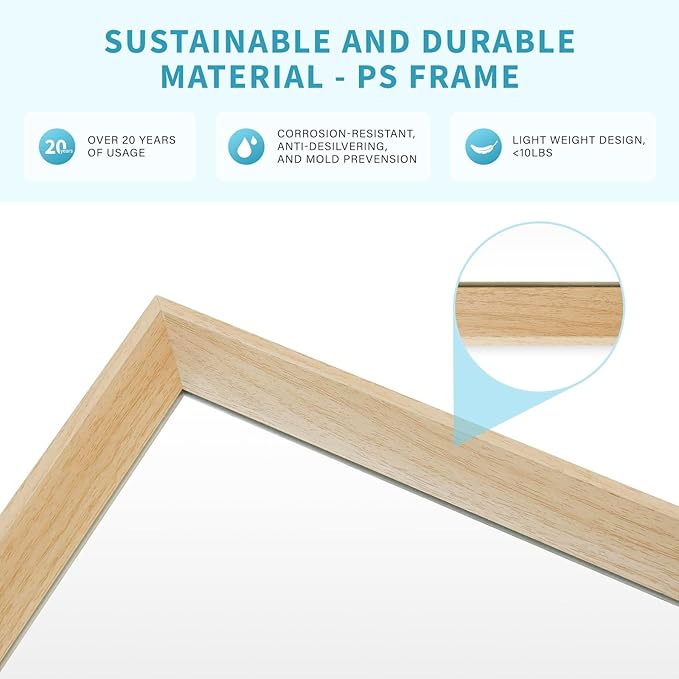 Oak Wood Effect Framed Wall Mirror, 24x32 Rectangle Mirror, 1/8" Anti-desilvering Tempered Glass, Sustainable& Sturdy Frame, Anti-Rust, HD Reflection &3min Fast Setup for Bathroom Living Room