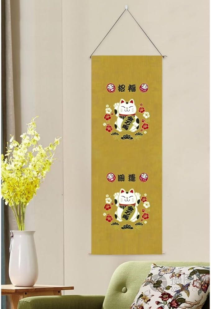 Japanese Tapestry Scroll Wall Art - Good Fortune Feng Shui & Lucky Symbols | W15.7xH47.2", Extra Long Vertical Hanging Decor for Bedroom, Living Room, Office | Washable Fabric (Beckoning Cat) CTT-129