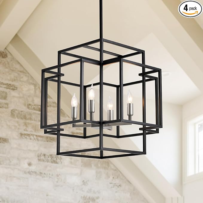 4-Light Black and Brushed Nickel Chandeliers, Foyer Lighting Fixtures for High Ceilings, Farmhouse Chandeliers for Dinning Room Entryway Staircase, Rectangular Pendant Light for Kitchen Island