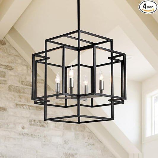 4-Light Black and Brushed Nickel Chandeliers, Foyer Lighting Fixtures for High Ceilings, Farmhouse Chandeliers for Dinning Room Entryway Staircase, Rectangular Pendant Light for Kitchen Island