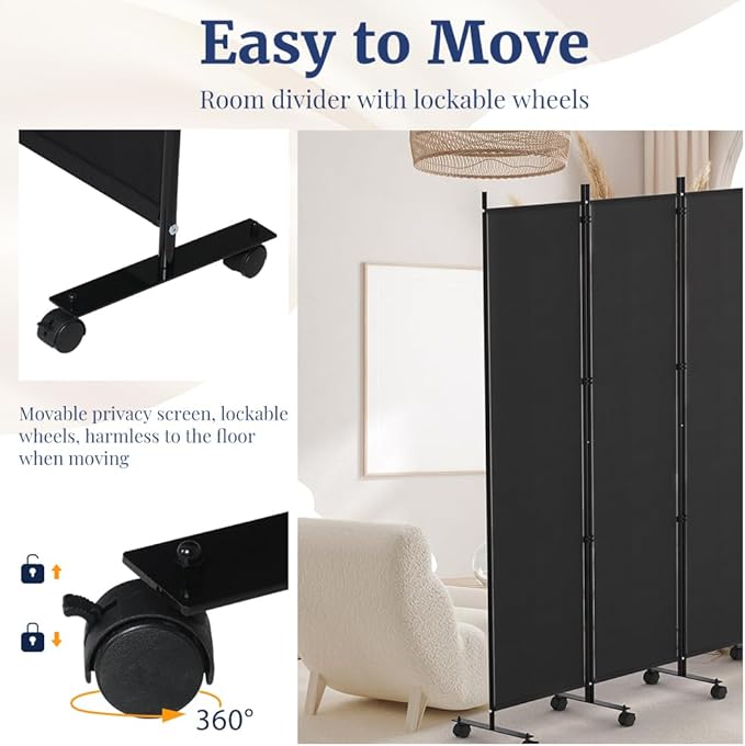Kokorona 6 Panel Room Divider, 6FT Tall Rolling Privacy Screen with Lockable Wheels, Folding Wall Dividers Portable Room Divider for Room Separation, Included - Cover Strips, Black, 119''W x 70''H