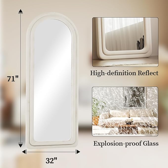 Koonmi 71"x32" Arched Mirror Full Length, Full Body Freely Standing Mirror, Flannel Floor Mirror with Stand for Bedroom, Living Room, Hanging or Against The Wall, White