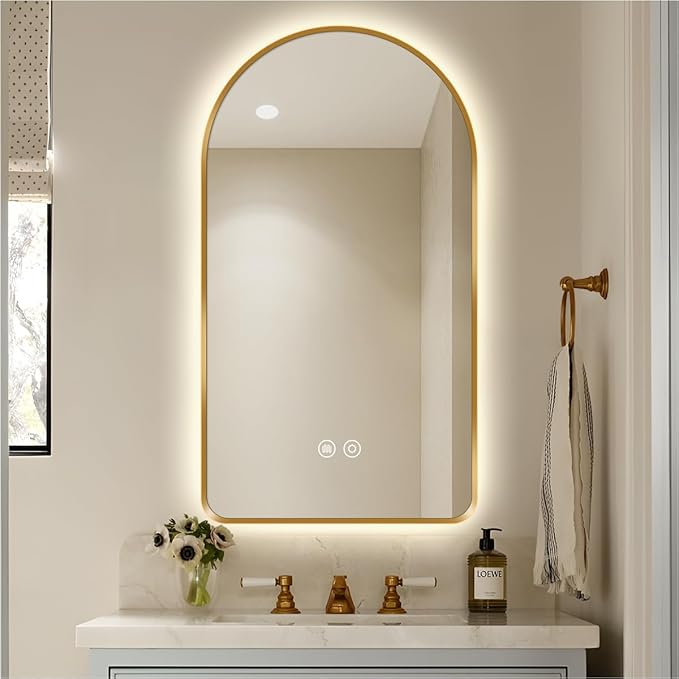 36 x 24 Arched LED Bathroom Mirror, Brushed Gold Framed, Backlit Vanity Mirror with Lights, Wall Mounted Lighted Mirror, Dimmable 3-Color Shatter-Proof Arch Smart Mirror, UL-Listed, CRI≥93