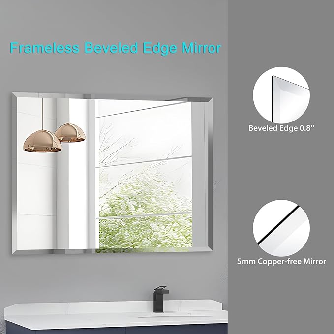 Beveled Mirror, 48"x30" Inch Beveled Frameless Mirror for Bathroom, Rectangular Beveled Edge Bathroom Vanity Mirror, Upgraded Shatterproof Wall Mirror, Hangs Horizontally or Vertically.