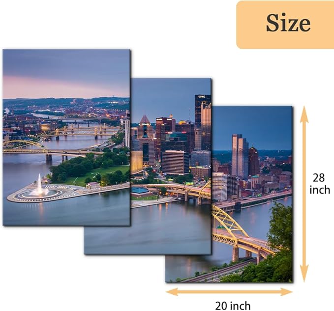 Pacimo Canvas Wall Decor for Living Room Bedroom Office Pittsburgh Cityscape Wall Art for Decorations Mount Washington Canvas Wall Prints City Skyline Picture for Home Decor Framed - 20"x28"x3 Panels