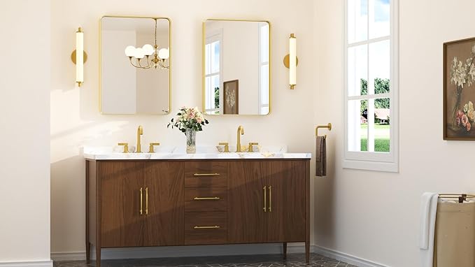 Keonjinn Gold Bathroom Mirrors for Over Sink, 22” x 30” Rounded Rectangle Brushed Gold Vanity Mirror, Anti-Rust Brass Mirror with HD Tempered Glass, Decorative Farmhouse Mirrors, Horizontal/Vertical