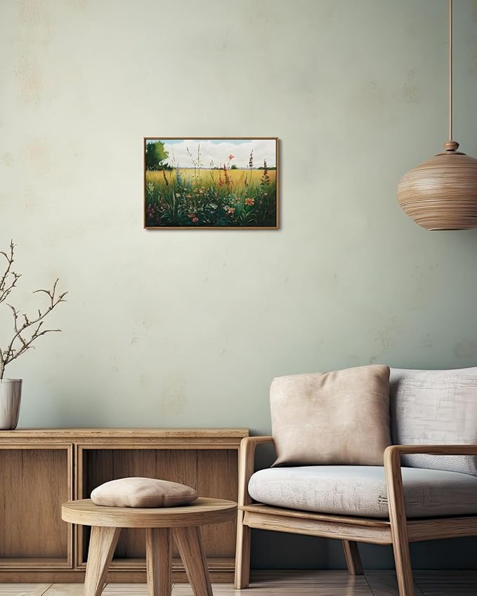 KISSFOX Vintage Wildflower Field Landscape Framed Wall Art Summer Countryside Meadow Canvas Art Farmhouse Rustic Paintings Artwork Nature Serene Art Prints For Kitchen Living room Bedroom