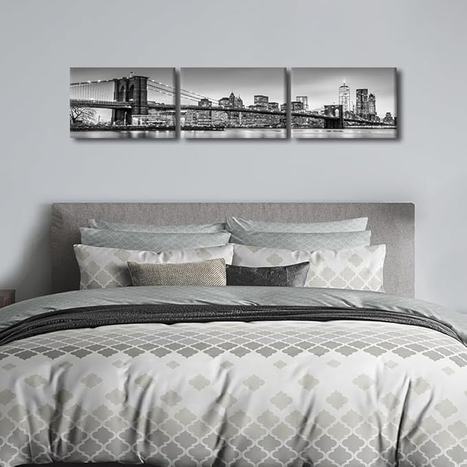 Canvas Wall Art Print New York Cityscape Wall Art for Bedroom Brooklyn Bridge Panorama Wall Decor Art Paintings City Reflection Modern Giclee Artwork for Office Home Decor Ready to Hang 14x60 Inch