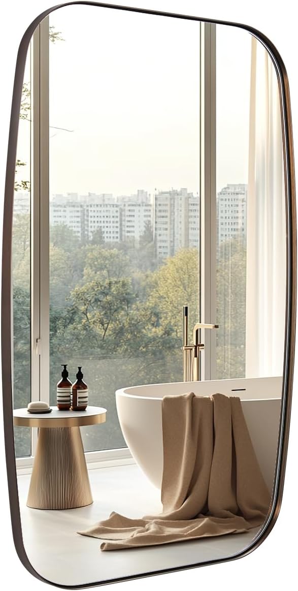 ANDY STAR Bronze Oblong Mirror, 24x36 Inch Brushed Bronze Oval Mirror for Bathroom with Stainless Steel Metal Frame, Wall Mouned for Bathroom, Living Room, Entryway