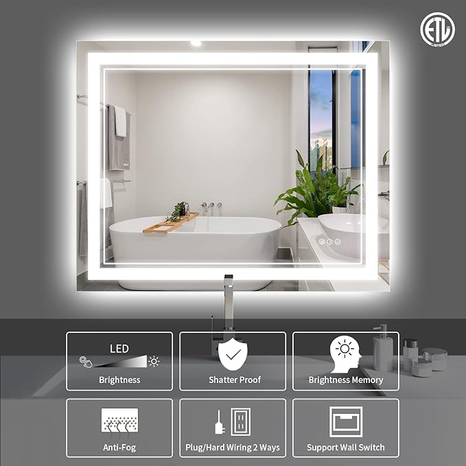 40 x 32 Inch LED Bathroom Mirror, Front Light and Backlit Anti-Fog Dimmable Memory Lighted Vanity Mirror, Shatterproof Wall-Mounted Led Mirror for Bathroom