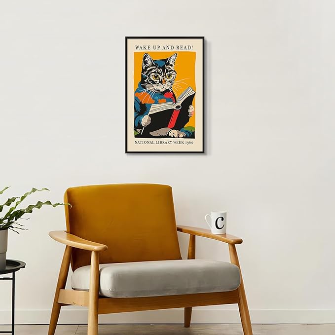 Cat and Book Poster, Wake Up and Read Inspiring Wall Art Canvas, Retro 1960 National Library Week Wall Art, Reading Art for Book Lover, Classic Gallery Wall Decor 16x24in Framed