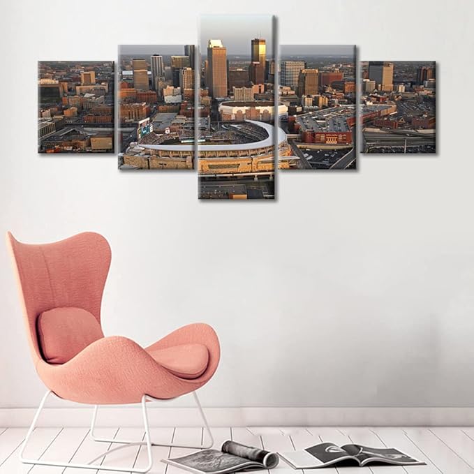 5 Panel Minnesota Skyline Home Decor Posters and Prints Minneapolis Skyscraper Cityscape Canvas Wall Art for Living Room Wall Decor Giclee Wooden Framed Gallery-Wrapped Ready to Hang (50"Wx24"H)
