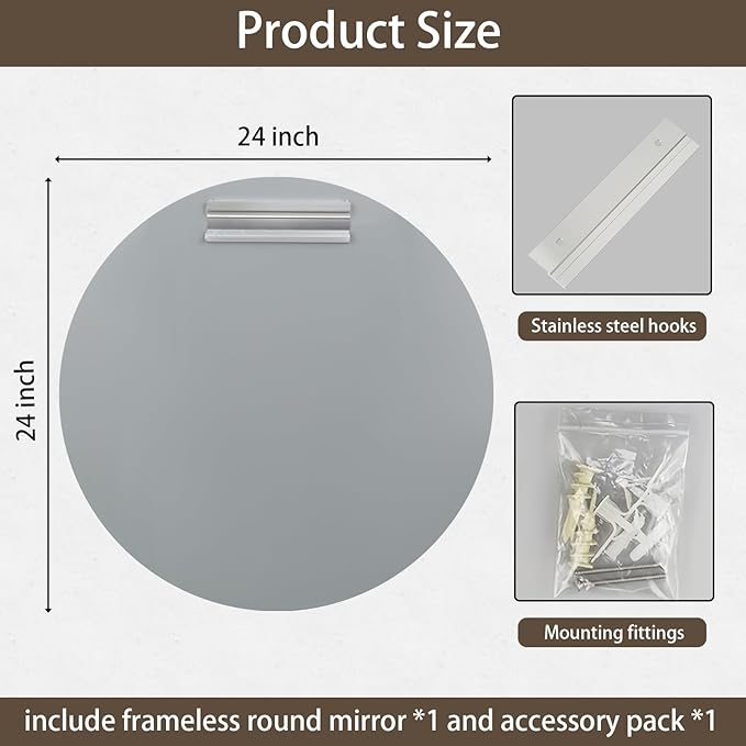 24 inch Beveled Bathroom Mirror, Frameless Round Mirror, 1" Polished Beveled Edge Circle Mirror for Bathroom, Living Room, Bedroom