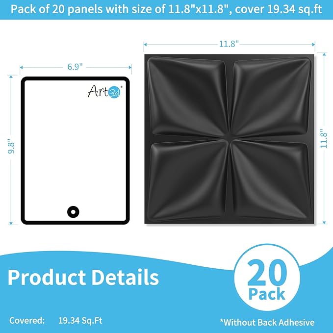Art3d 20 Pack Decorative 3D Wall Panels, 19 Sq.Feet PVC Interior Wall Décor, 11.8"x11.8", Black
