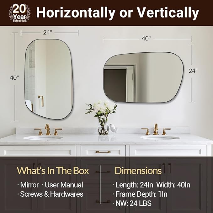 ANDY STAR 24"x40" Asymmetrical Wall Mirror，Brushed Nickel Irregular Bathroom Mirror with Stainless Steel Metal Frame, Wall-Mounted Mirror for Bathroom, Entryway (Horizontal/Vertical)