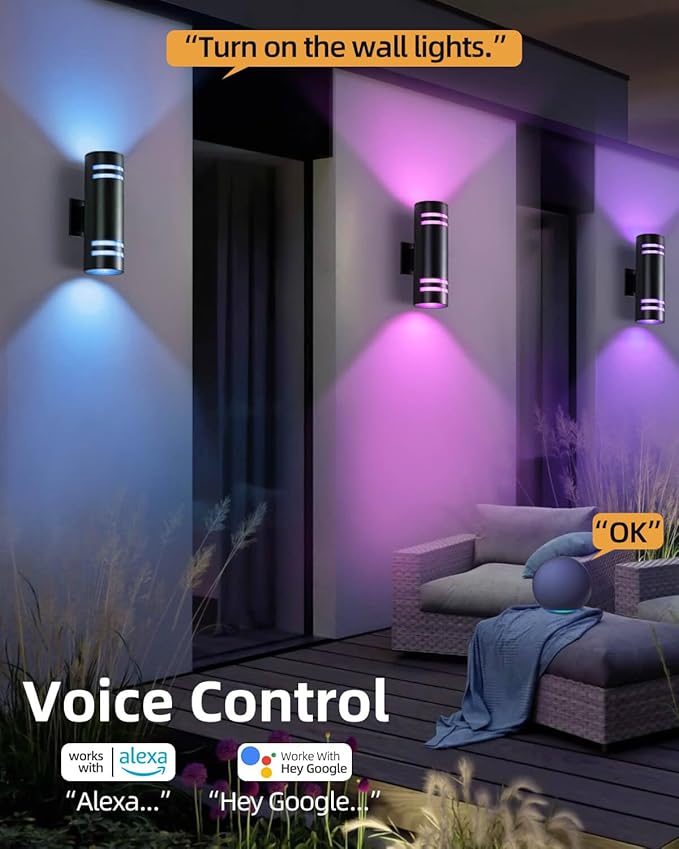 KIZON Smart Dusk to Dawn Outdoor Lighting RGB Color Changing Porch Lights 2 Pack, Cylinder Modern Outdoor Wall Lights Waterproof Exterior Light Fixture Wall Mount Up Down Lights with Remote Control