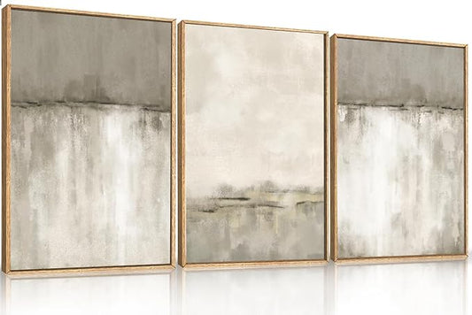KAIRNE Large Neutral Gray Tan Framed Canvas Wall Art Set, Abstract Textured Wall Decor, Beige Minimalist Wall Pinting, Modern Illustrations Art Print for Living Room, Bedroom, Office -24"x36"x3