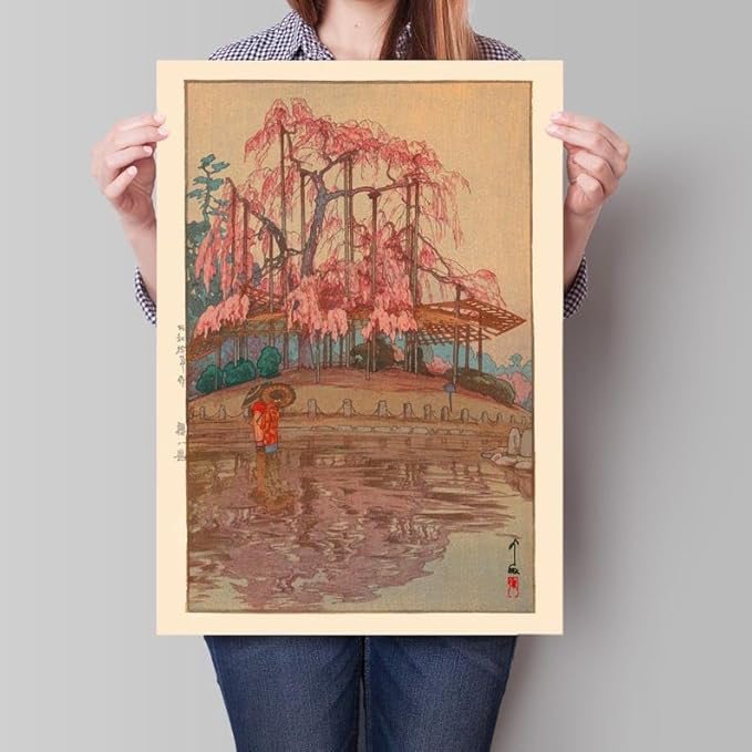 Nationcog Cherry Blossom Woodblock Print by Yoshida Hiroshi, Vintage Japanese Sakura Poster, Japandi Botanical Zen Art for Serene Decor (Unframed) (12x18)