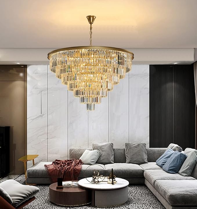 Large Gold Crystal Chandelier 27 Light 7-Tier Modern Luxury Hanging Light Fixture High Ceiling E12 Base Chandelier for Dining Room Living Room 40in
