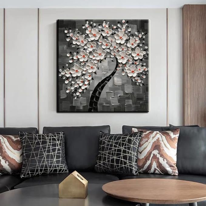 3D Cherry Blossom Tree Canvas Wall Art, White Flowers on Gray, Modern Floral Painting, 30x30 inches