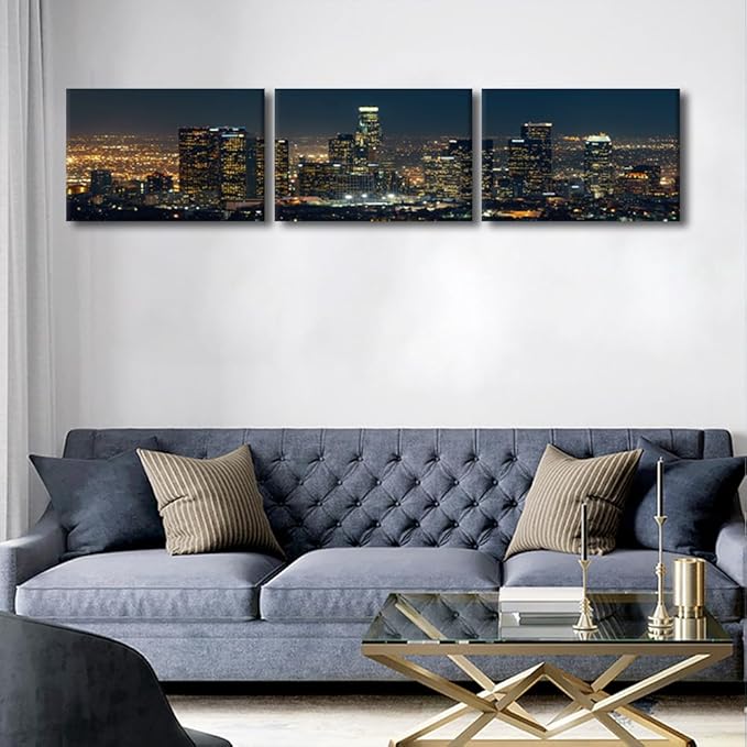 City Skyline Wall Art Cityscape Paintings Modern Decor Los Skyscrapers Night Scene Picture on Canvas for Home Decor Skyline at Dusk Landscape of City Night View Artwork for Living Room 14x60 Inch