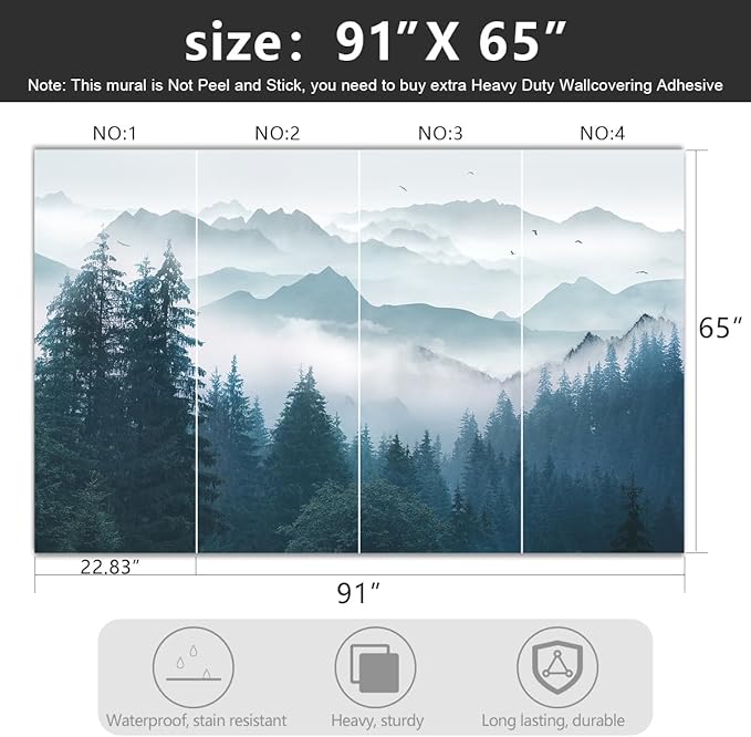 -Foggy Forest Pine Scenery Fabric Wallpaper Living Room Bedroom Bathroom Mountain Wall Mural- 91"x65"（ not Peel and Stick）