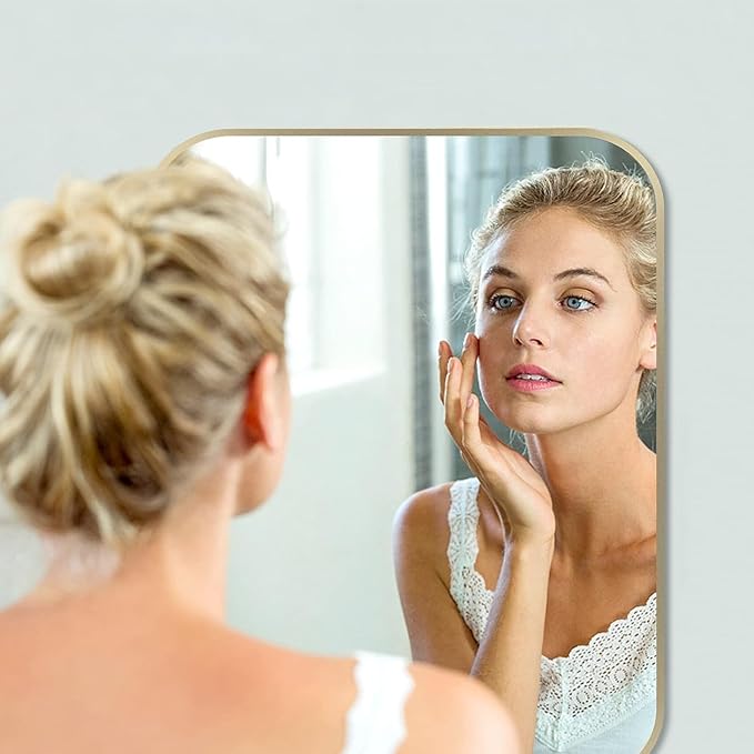 48x30 Inch Gold Bathroom Mirror, Brushed Gold Metal Framed Rectangular Mirror with Rounded Corner, Bathroom Vanity Mirror for Bedroom or Living Room, Horizontal/Vertical