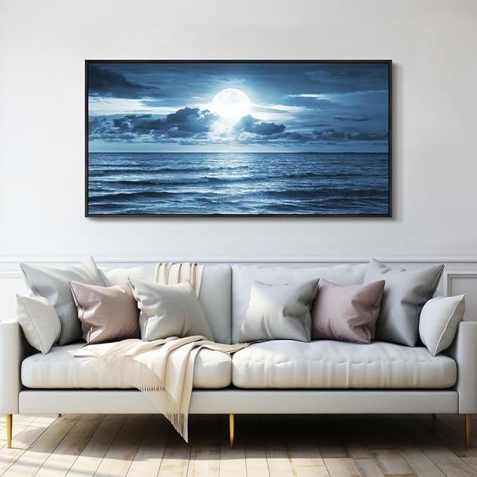 Black Framed Wall Art For Living Room Decorations Photo Prints - Blue Sea View The Moon Landscape - Modern Home Decor The Room Stretched And Framed Ready To Hang Artwork (Blue Ocean&Moon, 24x 48inch)