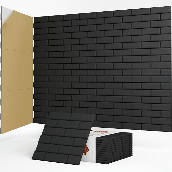 12Pack Acoustic Panels, Self-Adhesive 3D Brick Pattern Sound Proof Panels for Walls, Decorative Sound Dampening Wall Panels for Recording Studios, Offices, Home, 12"×12"×0.4", Black