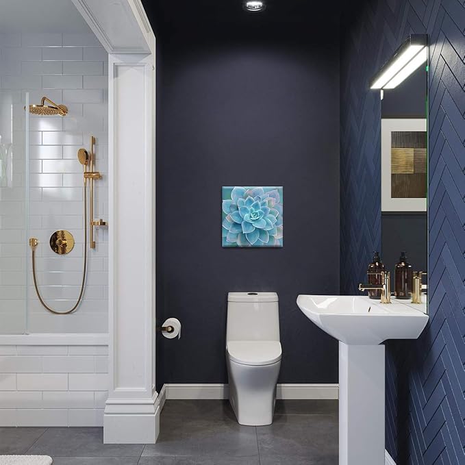 Blue Succulents Bathroom Decor Wall Art Framed Modern Popular Wall Plants Decorations Canvas Prints Artwork Wall Decor for Bedroom Blue Flower Pictures Size 14x14 inch Easy to Hang