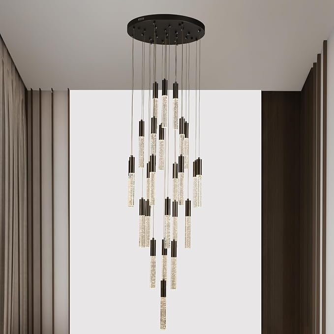 Black Crystal Chandeliers, Large Dimmable Hanging Lamps, Round LED Raindrop Ceiling Pendant Light Fixtures for Dining Room Staircase Living Room Farmhouse