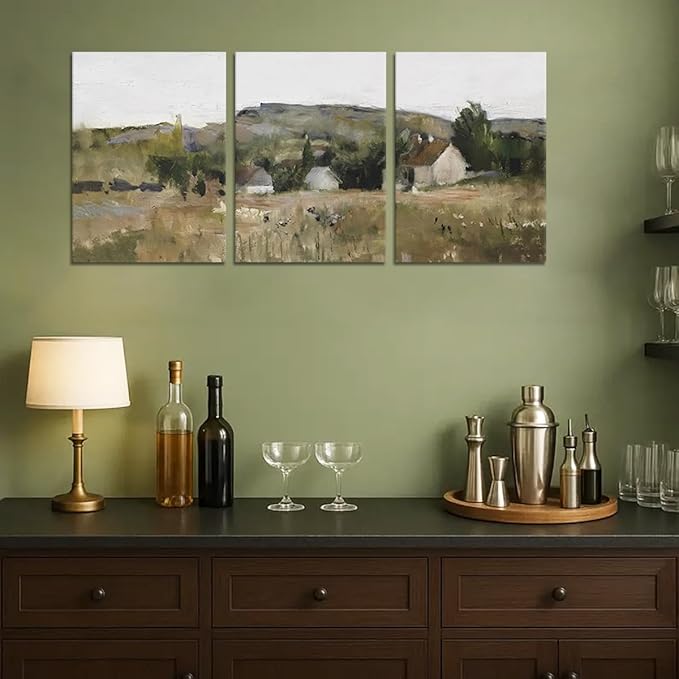 3 Pieces Neutral Landscape Split Print Country Wall Art Canvas Wall Art Vintage Outskirts Painting Prints for Farmhouse & Bedroom Decor Bathroom Framed Ready to Hang-12x16inchx3Pcs