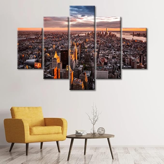Manhattan Skyline Wall Art Canvas Print 5 Pieces Aerial View of Beautiful Manhattan Cityscape Modern Home Decor Artwork Paintings Print on Canvas Stretched and Framed Ready to Hang (60"Wx40"H)