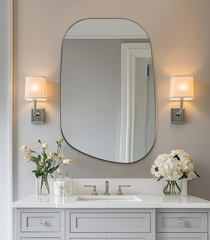 ANDY STAR Chrome Irregular Mirror, 24"x36" Silver Asymmetrical Wall Mirror in Stainless Steel Metal Frame, Unique Vanity Mirror with Modern Curved Design, Ideal for Bathroom, Bedroom, Entryway