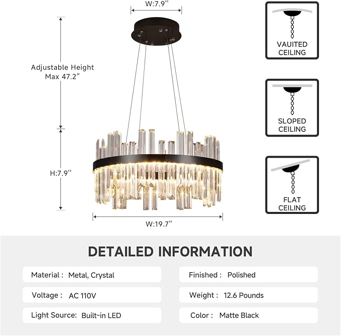 Modern Round Crystal Led Chandelier: 19.7" Black Luxury Chandeliers over Dining Table - Dimmable 3 Color Decorated Light Fixture - Elegant Drum Sparkly Chandelier for Living Room Bedroom with Remote