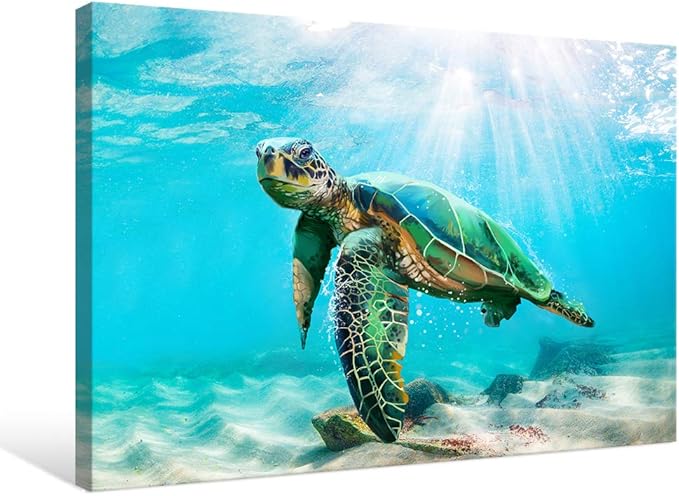 JAPO ART Green Sea Turtle Wall Art Submarine Picture Blue Ocean Animal Painting Coastal Wall Decor Framed Ready to Hang for Bathroom Livingroom 24x36Inch
