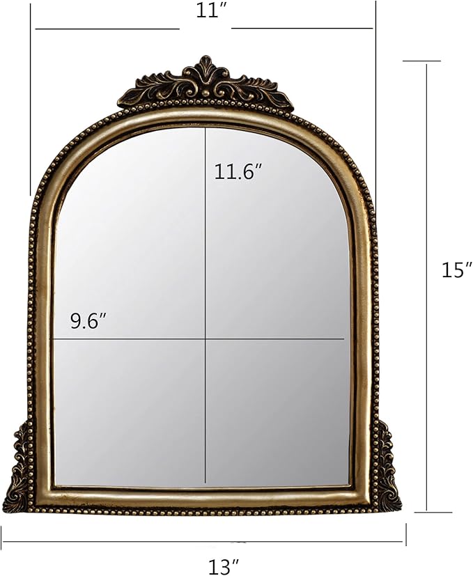 OIGUMR Small Vintage Gold Ornate Baroque Mirror Hanging Mirror Arched Resin Frame Size：15X11 inch