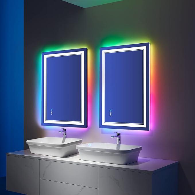 24x36 inch RGB LED Bathroom Mirror with Lights, Colorful Changing Lighted Mirror, Shatterproof Dimmable Anti-Fog LED Vanity Mirror for Bathroom (RGB Backlit + Front-Lit)