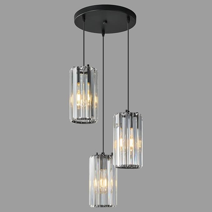 Black Pendant Lighting Modern Pendant Light, Mini Crystal Chandeliers,Adjustable Pendant Light Fixture for Kitchen Island Dinning Room Corridor Bedroom(Black 3-Light)