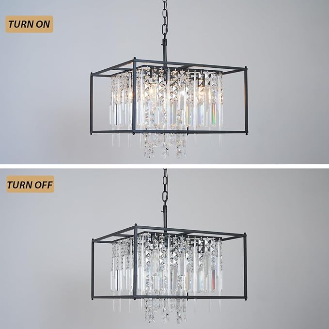 4-Lights Black Farmhouse Chandelier, 19.7 inch Industrial Crystal Chandelier Metal Pendant Light for Kitchen Island Dining Room Living Room