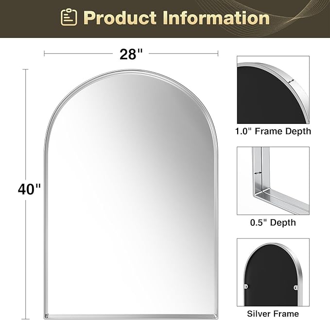 Brightify Arched Mirror, Arched Wall Mirror, 28 x 40 Inch Silver Arch Mirror, Metal Frame Silver Bathroom Mirror, Arched Top Bathroom Vanity Mirror for Living Room Bedroom Mantel Entryway Hallways
