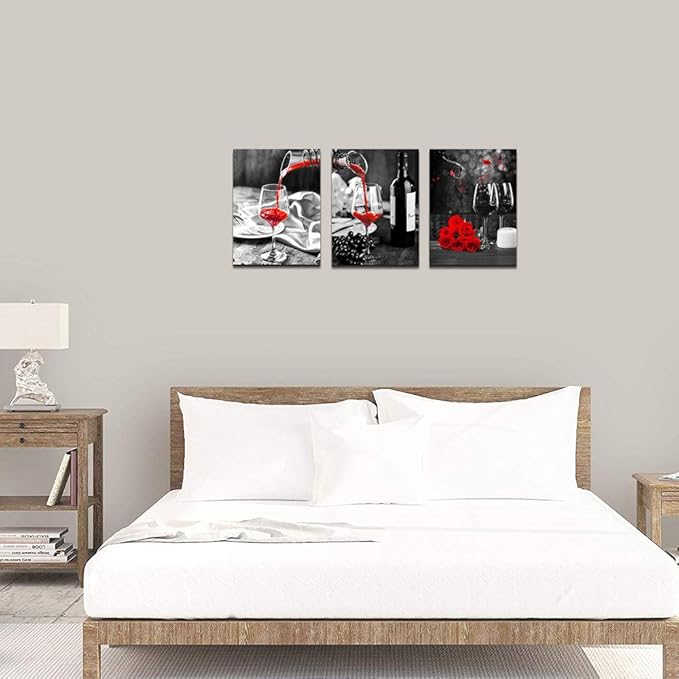 Kitchen Wall Art For Dining Room Wall Decor Still Life Black And White Canvas Art Prints Wine Barrel Bar Red Rose Painting Modern Family Wall Decorations Restaurant Bedroom Decor Artwork 3 Piece Set