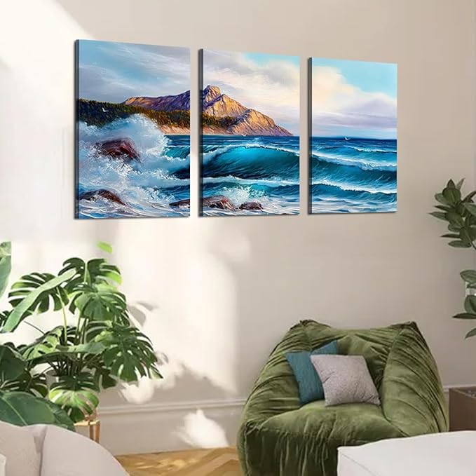 Canvas Wall Art Coastal Beach Scenery Picture Blue Ocean Waves Seascape Painting Mountain Peaks Wave Landscape Oil Painting Print Modern for Home Bedroom Framed - 20x28inchx3Pcs