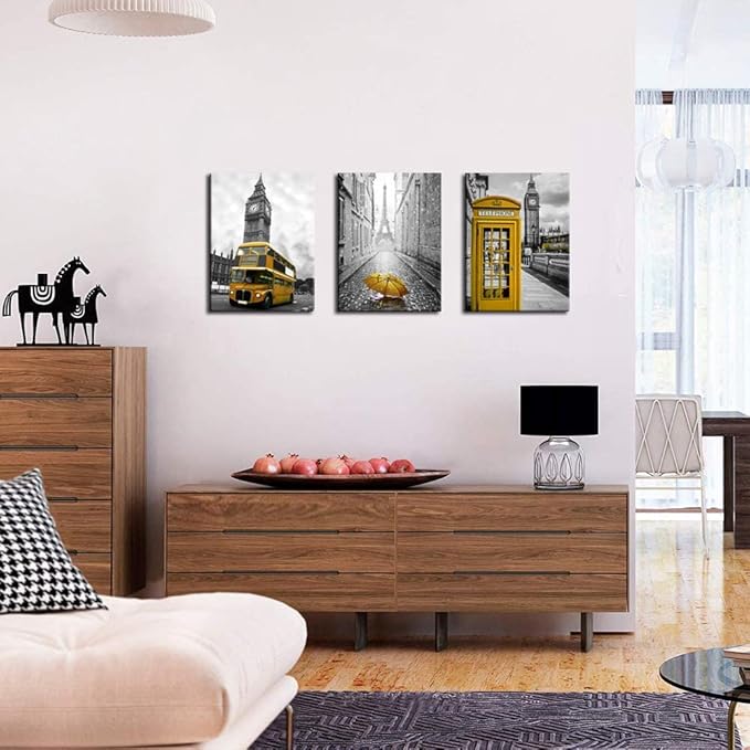 Biuteawal - 3 Panel City Wall Art Black and White Pairs Eiffel Tower with Yellow Umbrella Picture Prints London Big Ben Telephone Booth Bus Landscape Painting on Canvas for Living Room Bedroom Office