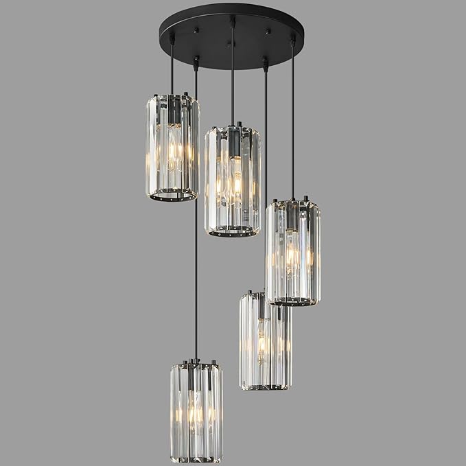 Black Pendant Lighting Modern Pendant Light, Mini Crystal Chandeliers,Adjustable Pendant Light Fixture for Kitchen Island Dinning Room Corridor Bedroom(Gold 5-Light)