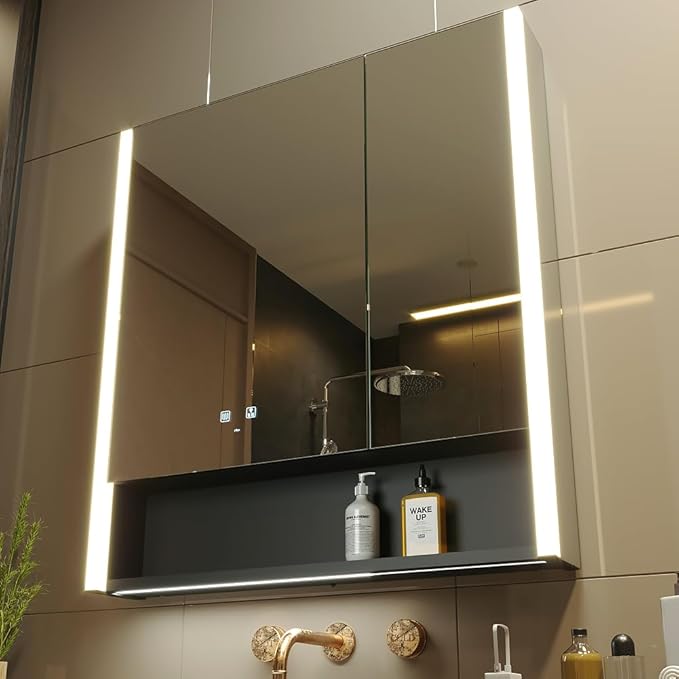 KWW LED Lighted Bathroom Medicine Cabinet with Sockets & USBs, Defogger, Dimmable, 3 Color Light Makeup Mirror, Easy to Install, Wall Mounted Cabinet (Two-Door, 31 * 34)