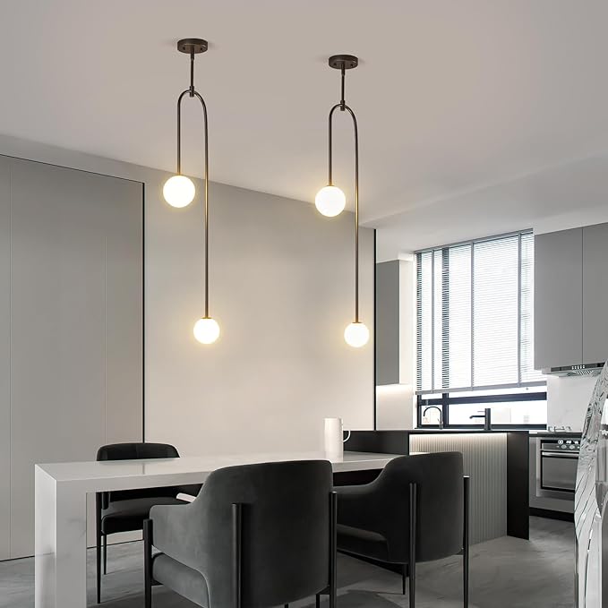 Modern Milk Glass Pendant Light 2 Light Mid Century Chandelier Small Glass Globe Black Pendant Lights for Kitchen Island Bedroom Dining (1 Pack)
