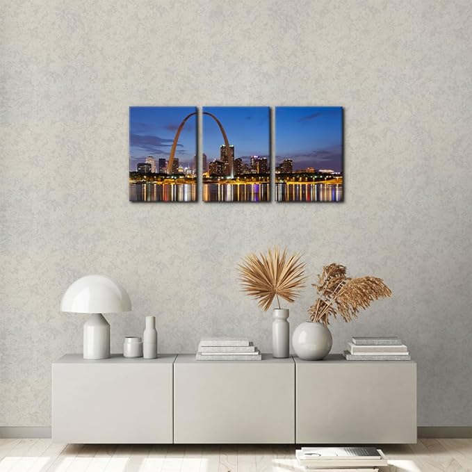 Pacimo Canvas Wall Art for Home Decor St. Louis Skyline Poster Wall Decor Gateway Arch at Sunset Canvas Prints Pictures Cityscape Modern Artwork Stretch and Framed Ready to Hang - 12"x16"x3 Panels